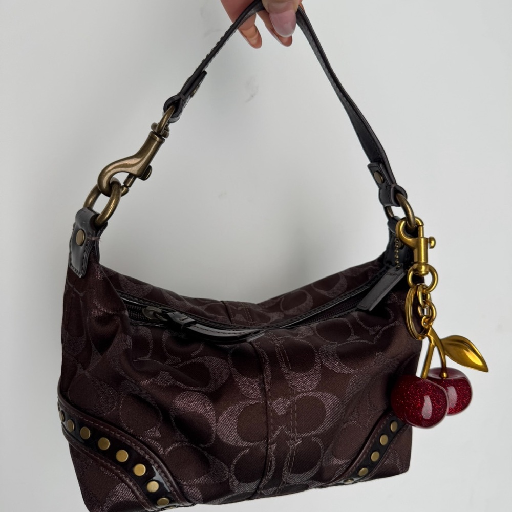 🍒 Vintage Coach Brown Studded Mini Hobo – Cherry Edition